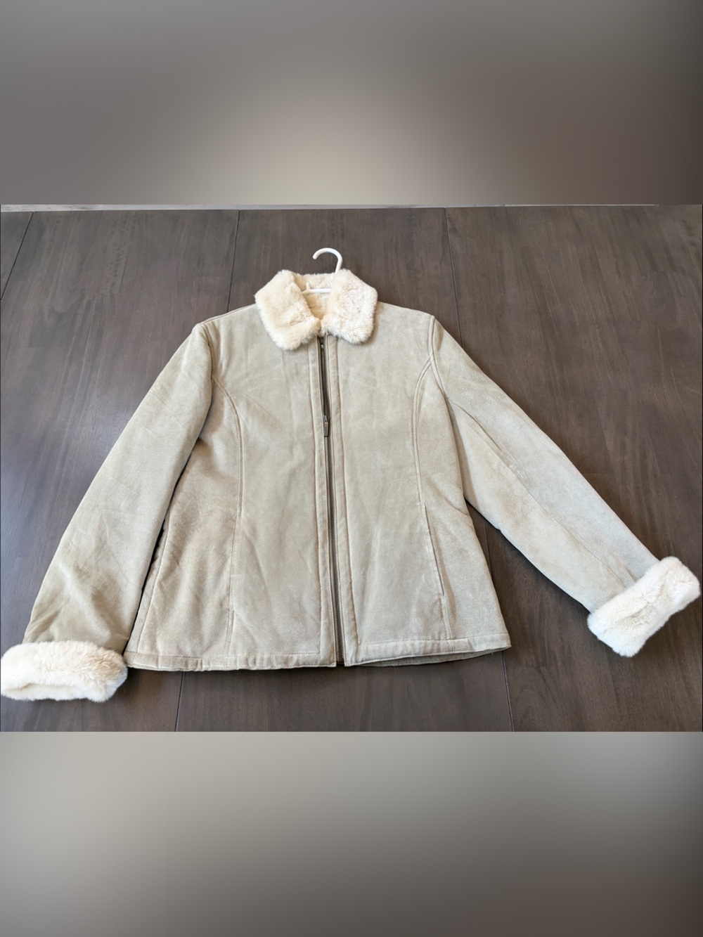 Vintage Liz Claiborne Cream Suede Leather Faux-Shearling Trim Zip Jacket